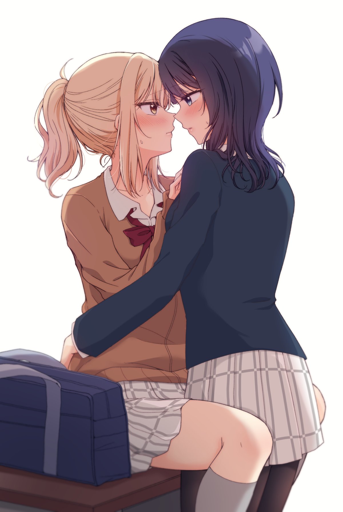 kuroda roku, asaka karin, miyashita ai, love live!, love live! nijigasaki high school idol club, commentary request, highres, 2girls, bag, between legs, black pantyhose, blazer, blonde hair, blue eyes, bow, bowtie, brown sweater, collared shirt, grey socks, jacket, kneehighs, long hair, multiple girls, nijigasaki school uniform, pantyhose, plaid clothes, plaid skirt, pleated skirt, ponytail, purple hair, red bow, red bowtie, red eyes, school bag, school uniform, shirt, simple background, skirt, socks, sweater, white background, white shirt, white skirt, yuri