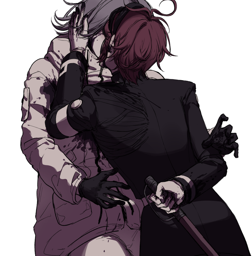 aotsuki eito, sumino takumi, the hundred line -last defense academy-, 2boys, ahoge, black gloves, black jacket, black pants, blood, blood on clothes, blood on face, blood on gloves, gloves, grey hair, headgear, holding, holding behind back, holding knife, holding knife behind back, jacket, kiss, knife, male focus, multiple boys, pants, pocket, r314dor, red hair, short hair, simple background, white background, white jacket, yaoi