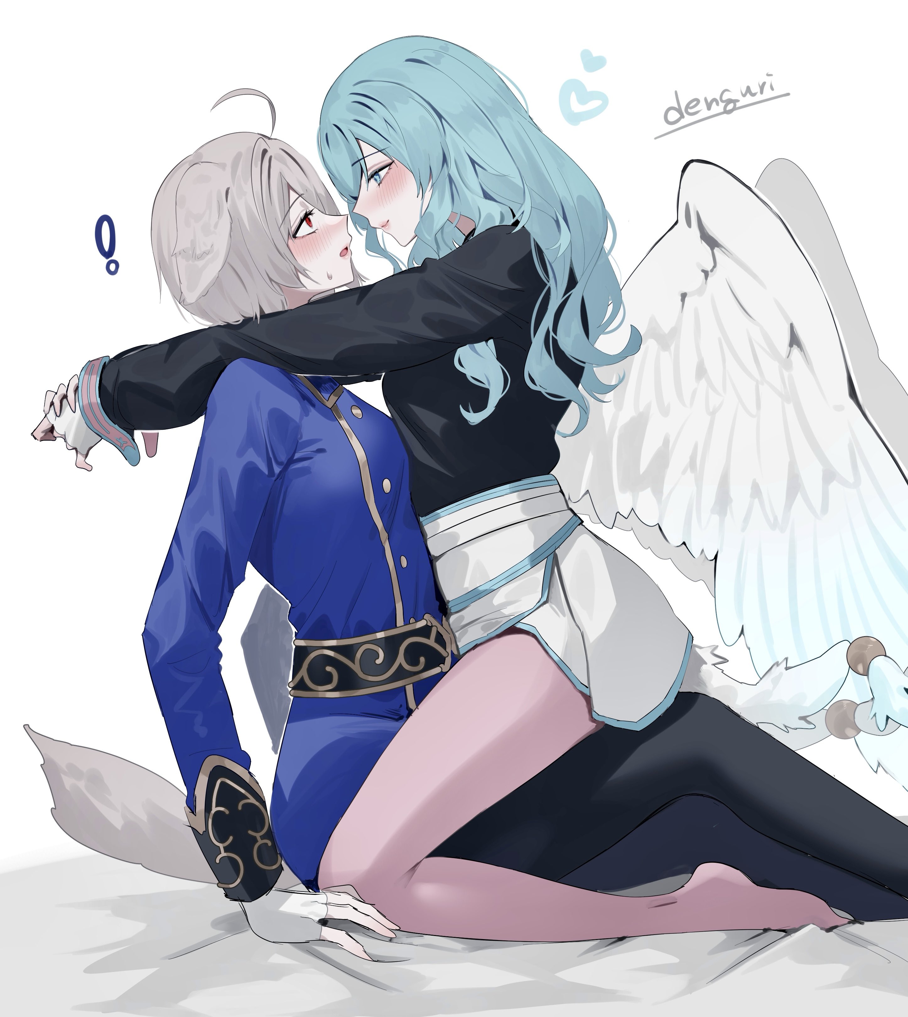 sakuramotikun, kurt (fire emblem), rose (fire emblem), fire emblem, fire emblem shadows, nintendo, absurdres, highres, !, 2girls, androgynous, animal ears, aqua hair, arms around neck, bird girl, bird wings, black leggings, blue eyes, blush, breasts, crossdressing, crossdressing (ftm), dog, dog ears, dog girl, dog tail, eye contact, feathered wings, grey hair, heart, leggings, looking at another, multiple girls, on bed, pink leggings, red eyes, reverse trap, sitting, sitting on person, small breasts, straddling, tail, white background, wings, yuri