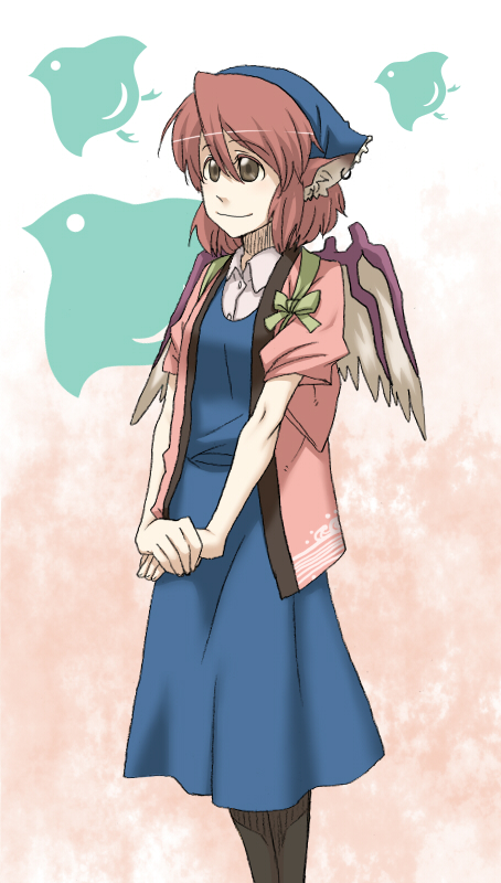 torinone, mystia lorelei, touhou, 1girl, animal ears, bird, brown eyes, brown hair, coat, dress, earrings, female focus, gradient background, hairband, jewelry, pantyhose, short hair, solo, tasuki, white background, wings