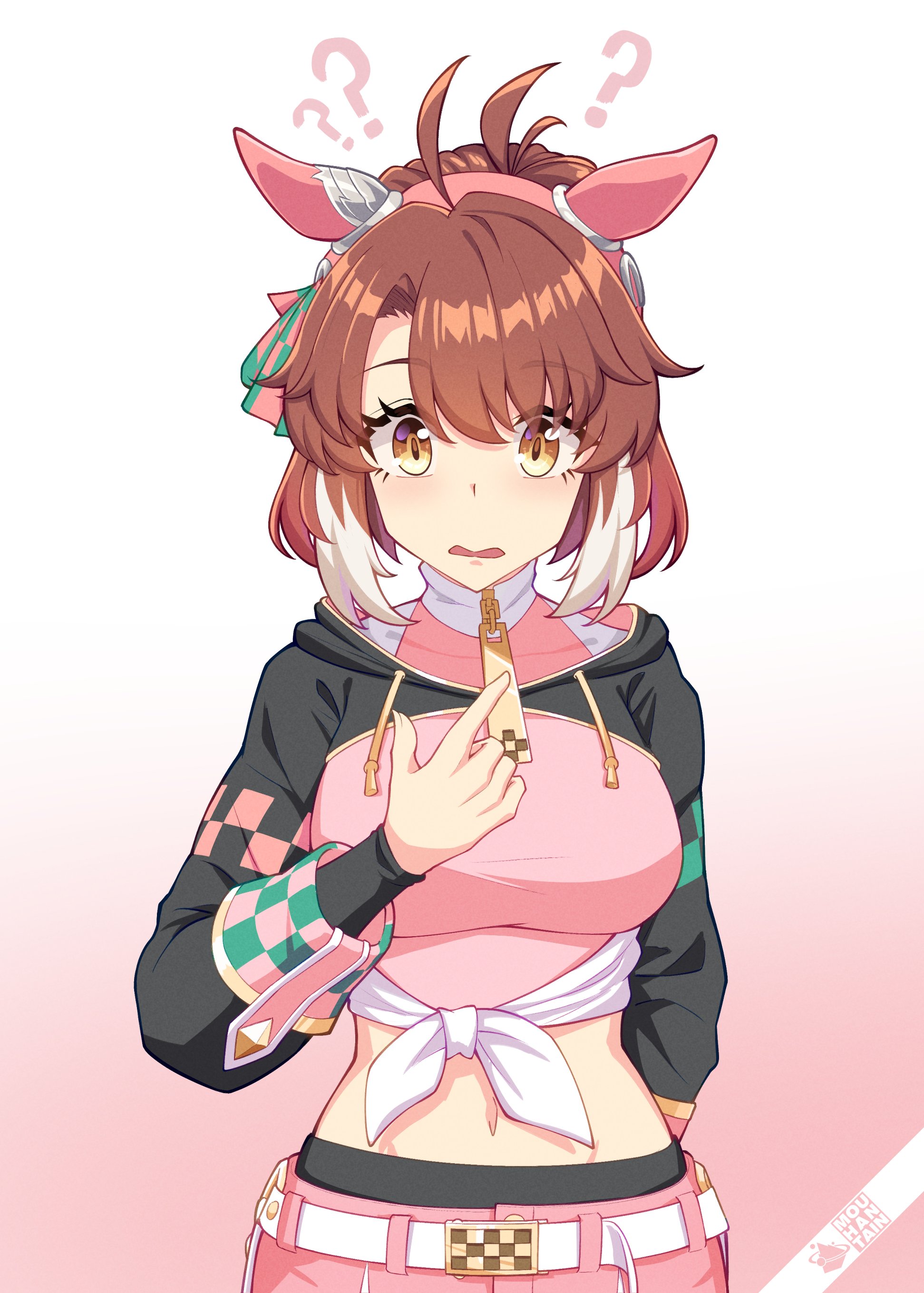 mouhantain, dantsu flame (umamusume), umamusume, umamusume: beginning of a new era, absurdres, highres, 1girl, ?, ??, ahoge, animal ears, blush, bow, breasts, brown eyes, brown hair, checkered ribbon, colored tips, confused, dantsu flame (center spotlight) (umamusume), ear covers, ear ornament, ear ribbon, hair between eyes, hair ornament, horse ears, horse girl, horse tail, large breasts, looking at viewer, multicolored hair, open mouth, pink shorts, pointing, pointing at self, shorts, simple background, solo, tail, white hair