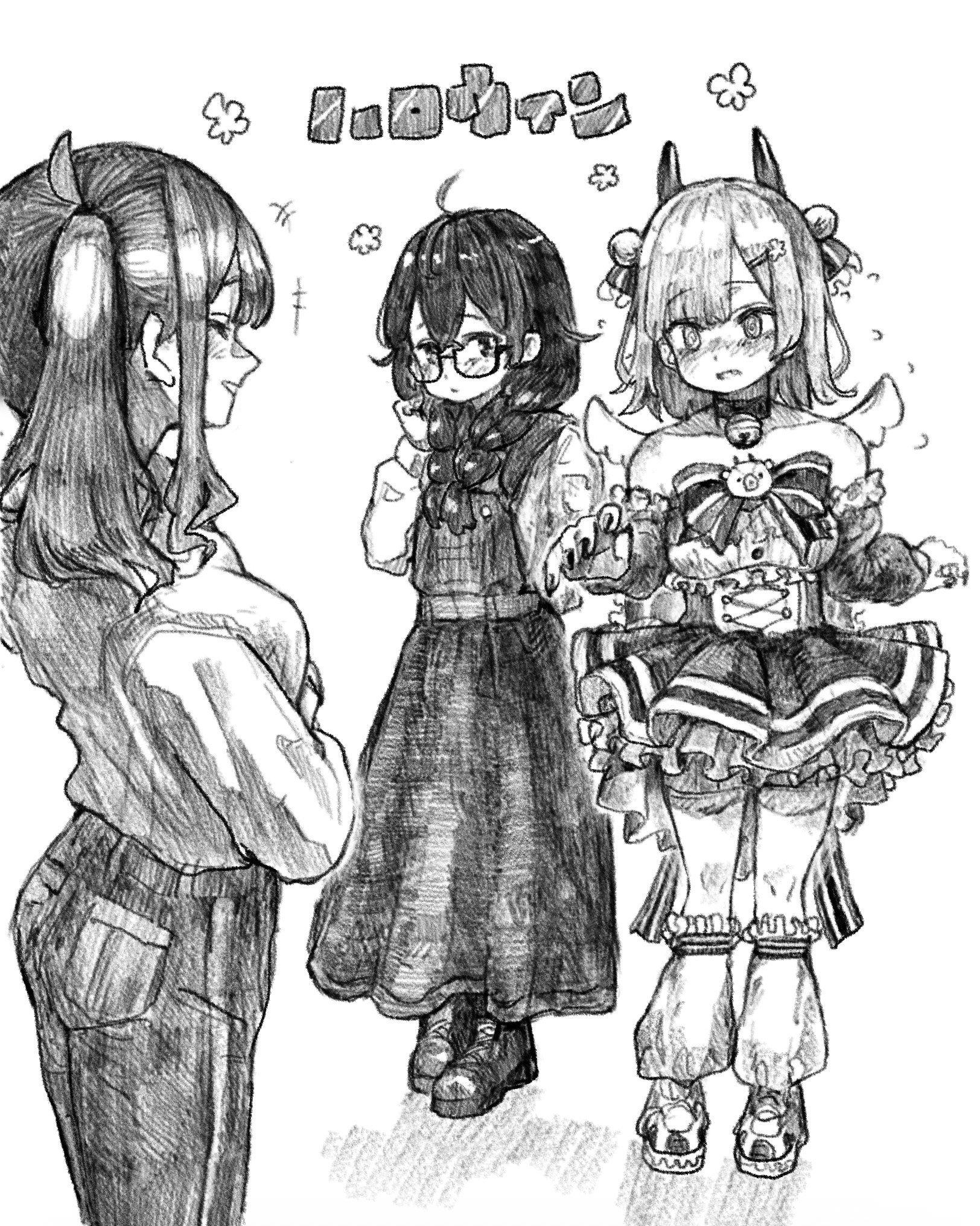 hiroya (hirogaya 02), hanakuma chifuyu, koharu rikka, natsuki karin, cevio, synthesizer v, graphite (medium), highres, traditional media, +++, alternate costume, bare shoulders, blush, bow, braid, breasts, character brooch, circle skirt, corset, cosplay, denim, double bun, dress, dress bow, embarrassed, fake horns, fake wings, flower symbol, flying sweatdrops, glasses, greyscale, hair bun, hair over shoulder, halloween costume, horns, jeans, lakiston, lakiston (cosplay), leg warmers, long hair, long sleeves, looking at another, looking at viewer, low twin braids, medium breasts, medium hair, mini wings, monochrome, off-shoulder dress, off shoulder, open mouth, pants, shirt, shirt tucked in, shoes, simple background, sleeveless, sleeveless dress, twin braids, twintails, underbust, wings