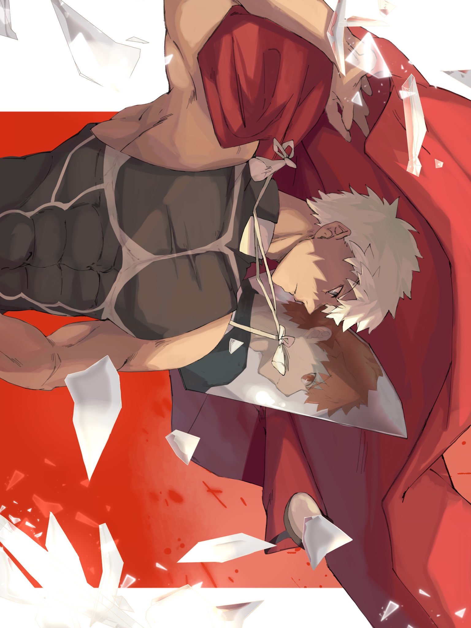kamigokuin, archer (fate), emiya shirou, fate/stay night, fate (series), highres, 2boys, abs, armor, coat, covered abs, holding, holding coat, holding unworn clothes, long coat, male focus, messy hair, mirror, multiple boys, muscular, muscular male, orange hair, red coat, unworn coat, white hair