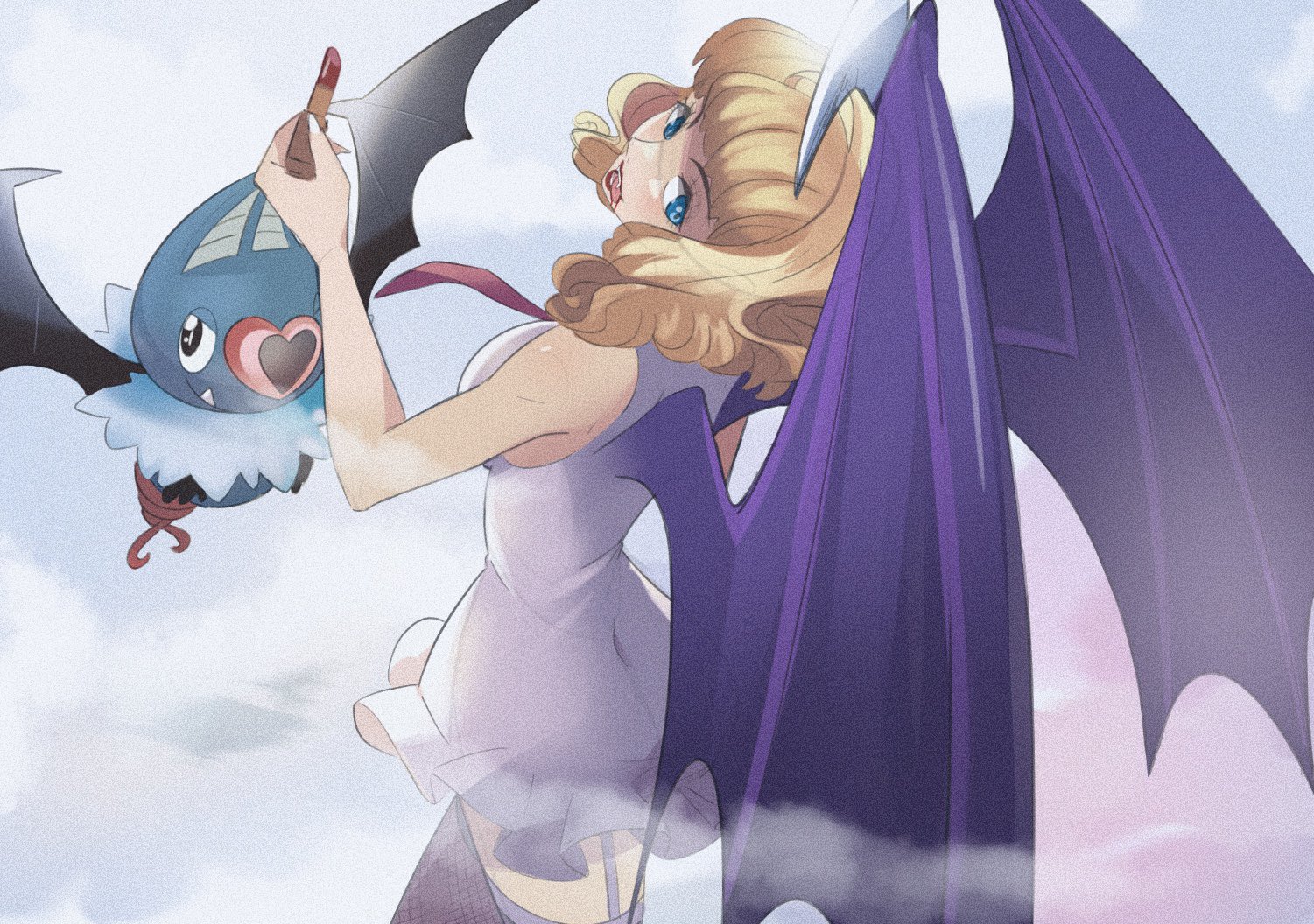 startboii, stussy (one piece), swoobat, nintendo, one piece, pokemon, commentary, english commentary, 1girl, black wings, blonde hair, blue eyes, blunt bangs, cosmetics, dress, eyelashes, fangs, fishnet thighhighs, fishnets, garter straps, gen 5 pokemon, holding, holding lipstick tube, lipstick tube, looking back, sleeveless, sleeveless dress, smoke, thighhighs, white dress, wings