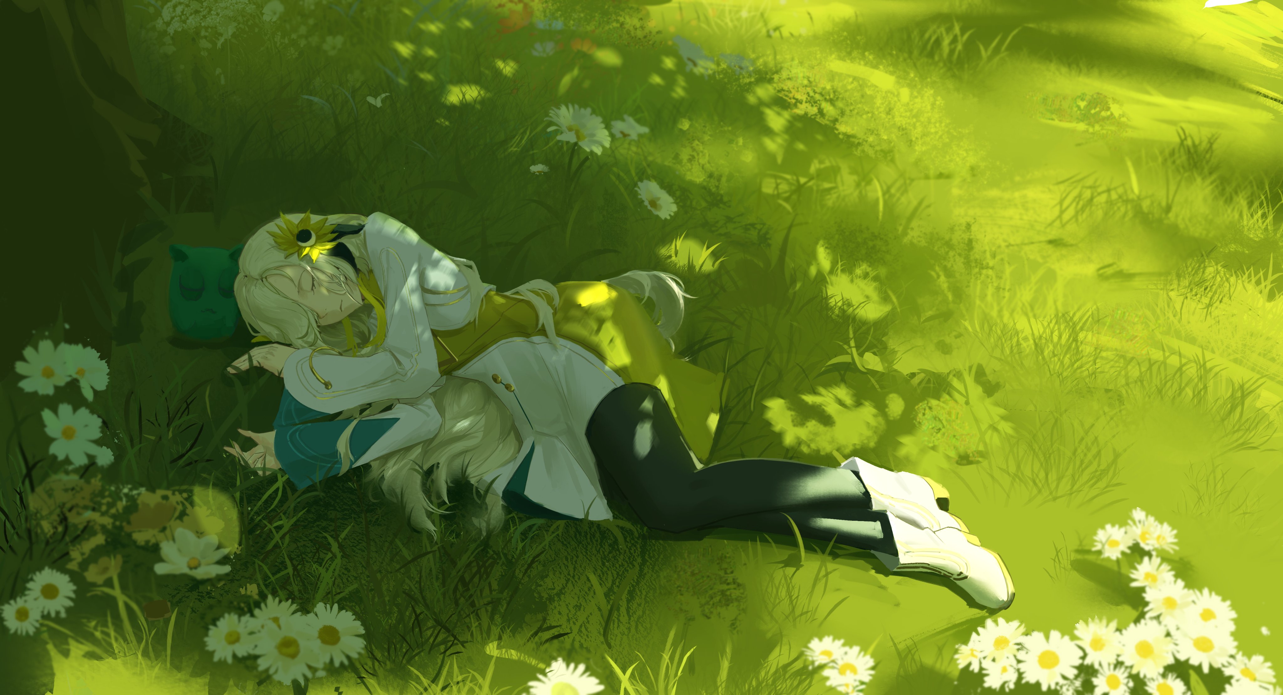 isekaijoucho, kamitsubaki studio, absurdres, highres, 1girl, black pantyhose, blonde hair, boots, closed eyes, creature, dress, flower, full body, gomidasu (kamitsubaki studio), grass, grey hair, hair flower, hair ornament, hayasi kiri, long hair, multicolored hair, nature, outdoors, pantyhose, sleeping, sunlight, two-tone hair