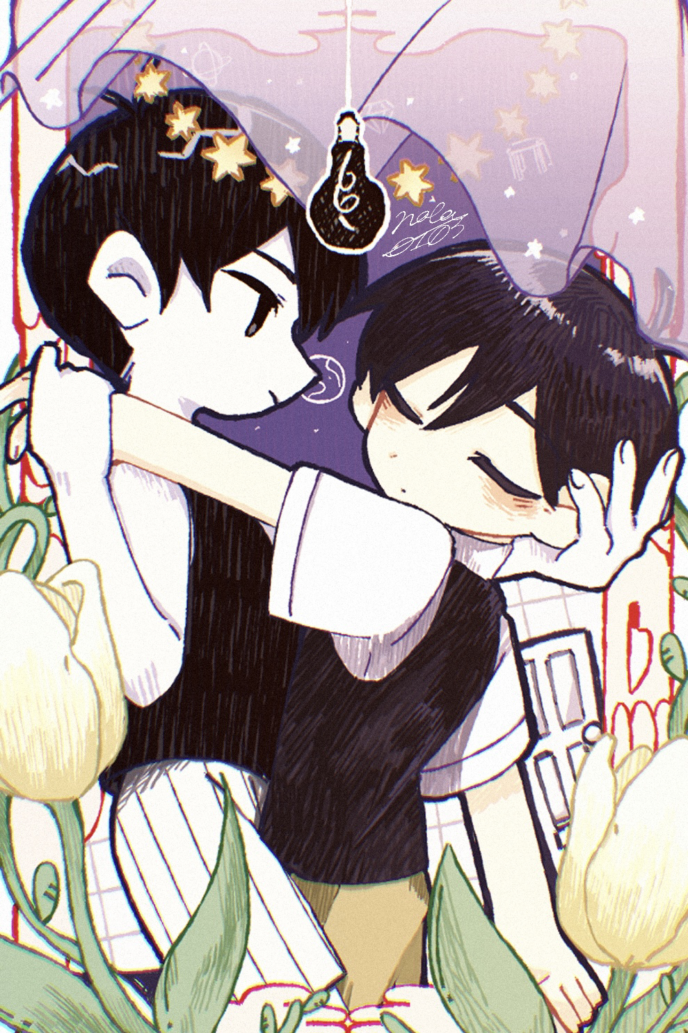 nata kadu, omori (omori), sunny (omori), omori, highres, 2boys, antenna hair, black eyes, black hair, black tank top, closed mouth, colored skin, dual persona, expressionless, light bulb, looking at another, multiple boys, short hair, shorts, striped clothes, striped shorts, tank top, vertical-striped clothes, vertical-striped shorts, white shorts, white skin