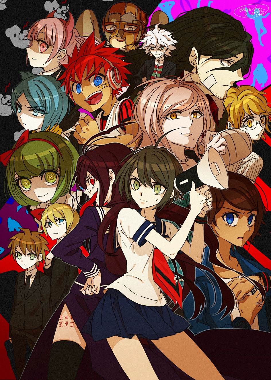 gitta, asahina yuta, daimon masaru (danganronpa), fujisaki taichi, fukawa toko, genocider shou, hagakure hiroko, kemuri jataro, komaeda nagito, monokuma, naegi komaru, naegi makoto, servant (danganronpa), shingetsu nagisa, togami byakuya, towa haiji, towa monaca, utsugi kotoko, danganronpa (series), danganronpa another episode: ultra despair girls, commentary request, highres, 5girls, 6+boys, ahoge, antenna hair, aqua eyes, aqua hair, back-to-back, bandaid, bandaid on cheek, bandaid on face, black hair, black jacket, black necktie, black pants, black suit, black thighhighs, blonde hair, blue eyes, blue jacket, blue sailor collar, blue skirt, bow, bracelet, bright pupils, brown eyes, brown hair, cigarette, clenched hand, closed mouth, collarbone, collared shirt, dark-skinned male, dark skin, eyelashes, facial hair, fake horns, fingernails, formal clothes, glasses, green eyes, green hair, hair horns, hairband, hand on own hip, headphones, holding, holding cigarette, holding megaphone, horns, jacket, jewelry, long sleeves, long tongue, mask, megaphone, mole, mole under mouth, multiple boys, multiple girls, necktie, open clothes, open jacket, open mouth, pants, pink eyes, pink hair, pink hairband, purple serafuku, purple shirt, purple skirt, red bow, red eyes, red hair, red hairband, red necktie, sailor collar, scar, scar on leg, school uniform, serafuku, shirt, short hair, short sleeves, skirt, smile, striped clothes, striped shirt, suit, sweatdrop, tally, teeth, thighhighs, tongue, tongue out, upper teeth only, v-shaped eyebrows, white hair, white pupils, white sailor collar, white shirt, wristband, yellow eyes