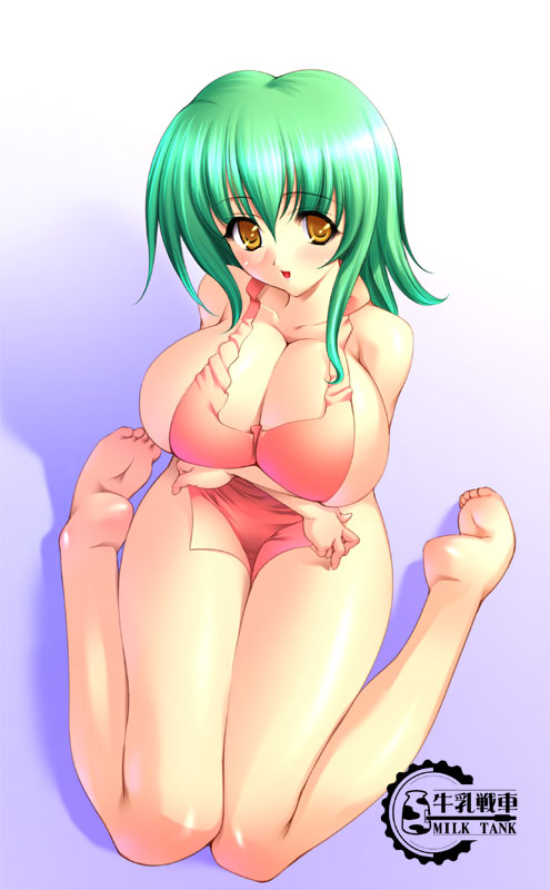 gunner-l, breast hold, apron, bad anatomy, bad feet, barefoot, breasts, cleavage, feet, green hair, huge breasts, kneeling, naked apron, sitting, solo, wariza, yellow eyes
