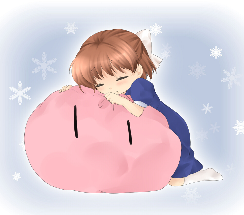 rik t, okazaki ushio, clannad, dango daikazoku, bad id, bad pixiv id, 00s, brown eyes, brown hair, dango, food, school uniform, short hair, sleeping, snowflakes, solo, wagashi