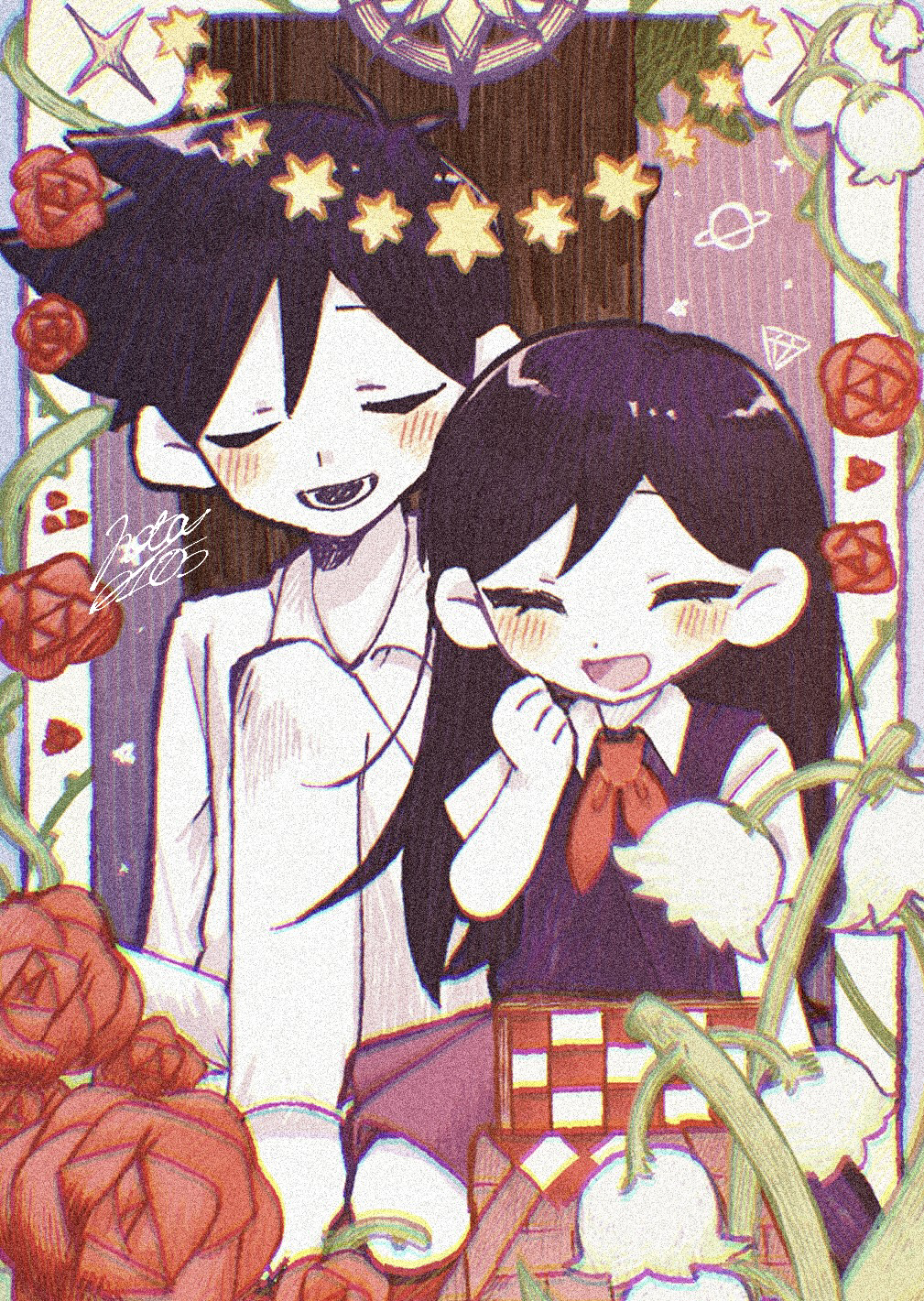 nata kadu, hero (headspace) (omori), hero (omori), mari (headspace) (omori), mari (omori), omori, highres, 1boy, 1girl, antenna hair, blush, closed eyes, collared shirt, colored skin, flower, lily of the valley, long hair, long sleeves, lower teeth only, neckerchief, open mouth, pajamas, pants, picnic basket, purple hair, purple sweater vest, red flower, red neckerchief, red rose, red skirt, rose, shirt, short hair, short sleeves, sitting, skirt, sweater vest, teeth, white skin