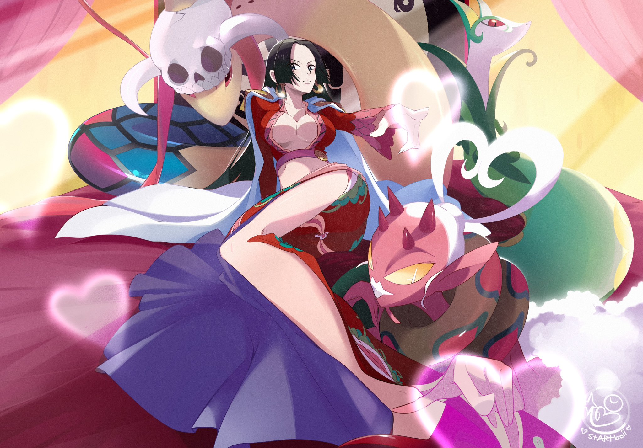 startboii, boa hancock, nintendo, one piece, pokemon, character request, commentary, english commentary, highres, 1girl, black hair, breasts, cape, cleavage, closed mouth, earrings, epaulettes, hat ornament, heart, hood, hooded cape, jewelry, kuja pirates jolly roger, long hair, long sleeves, plunging neckline, red shirt, red shoes, red skirt, shirt, shoes, side slit, sidelocks, skirt, skull hat ornament, snake earrings, watermark