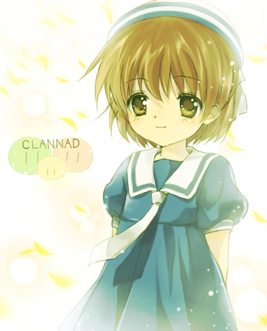 ryou (kimagure), okazaki ushio, clannad, dango daikazoku, bad id, bad pixiv id, lowres, 00s, 1girl, ascot, brown eyes, brown hair, dango, dixie cup hat, dress, female focus, food, hat, military hat, sailor collar, sailor dress, school uniform, short hair, solo, wagashi