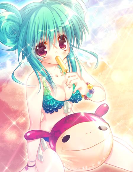 mitsumomo mamu, aqua hair, bikini, brown eyes, food, long hair, popsicle, solo, swimsuit