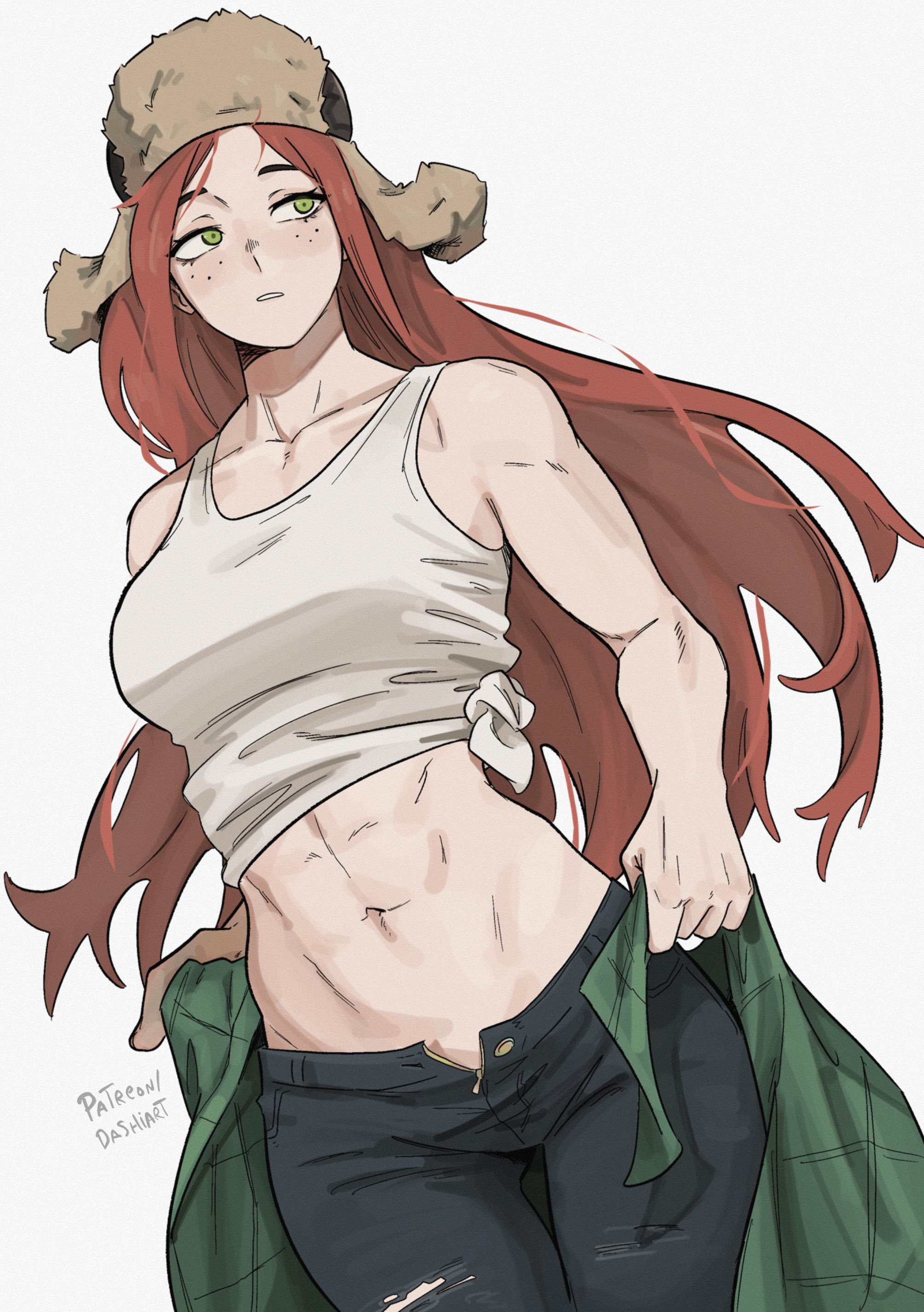 dashi (dashiart), wendy corduroy, gravity falls, absurdres, highres, 1girl, abs, flannel, freckles, fur hat, green eyes, hat, long hair, looking to the side, muscular, muscular female, navel, open fly, pants, red hair, shirt, simple background, solo, stomach, tank top, tied shirt, torn clothes, torn pants, very long hair