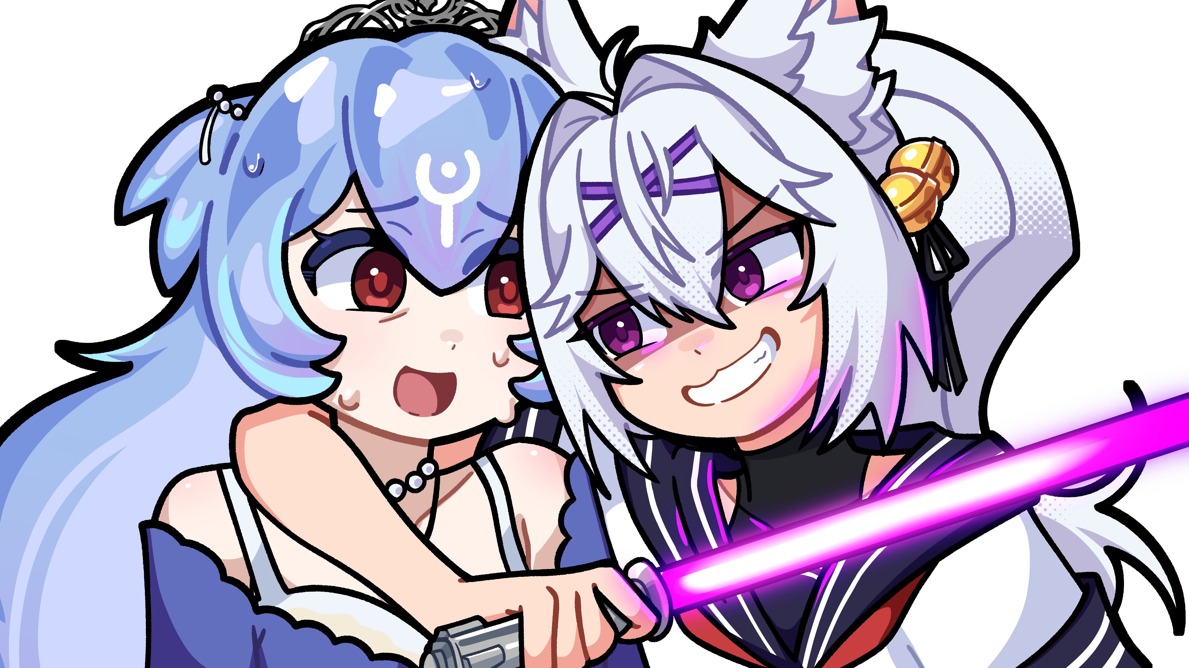 bao (vtuber), filian (vtuber), indie virtual youtuber, star wars, absurdres, highres, official art, portuguese commentary, 2girls, ahoge, animal ear fluff, animal ears, arm around neck, bare shoulders, bell, black bodysuit, black ribbon, blue hair, blue sailor collar, bodysuit, bodysuit under clothes, cat ears, cat girl, energy sword, glowing, glowing weapon, grin, hair bell, hair between eyes, hair intakes, hair ornament, hair ribbon, holding, holding weapon, jewelry, lightsaber, long hair, marcelinha, multiple girls, neckerchief, necklace, nervous sweating, off shoulder, open mouth, pearl necklace, ponytail, purple eyes, purple lightsaber, red eyes, red neckerchief, ribbon, sailor collar, shirt, short sleeves, silver tiara, simple background, smile, sweat, sword, tiara, v-shaped eyebrows, weapon, white background, white hair, white shirt