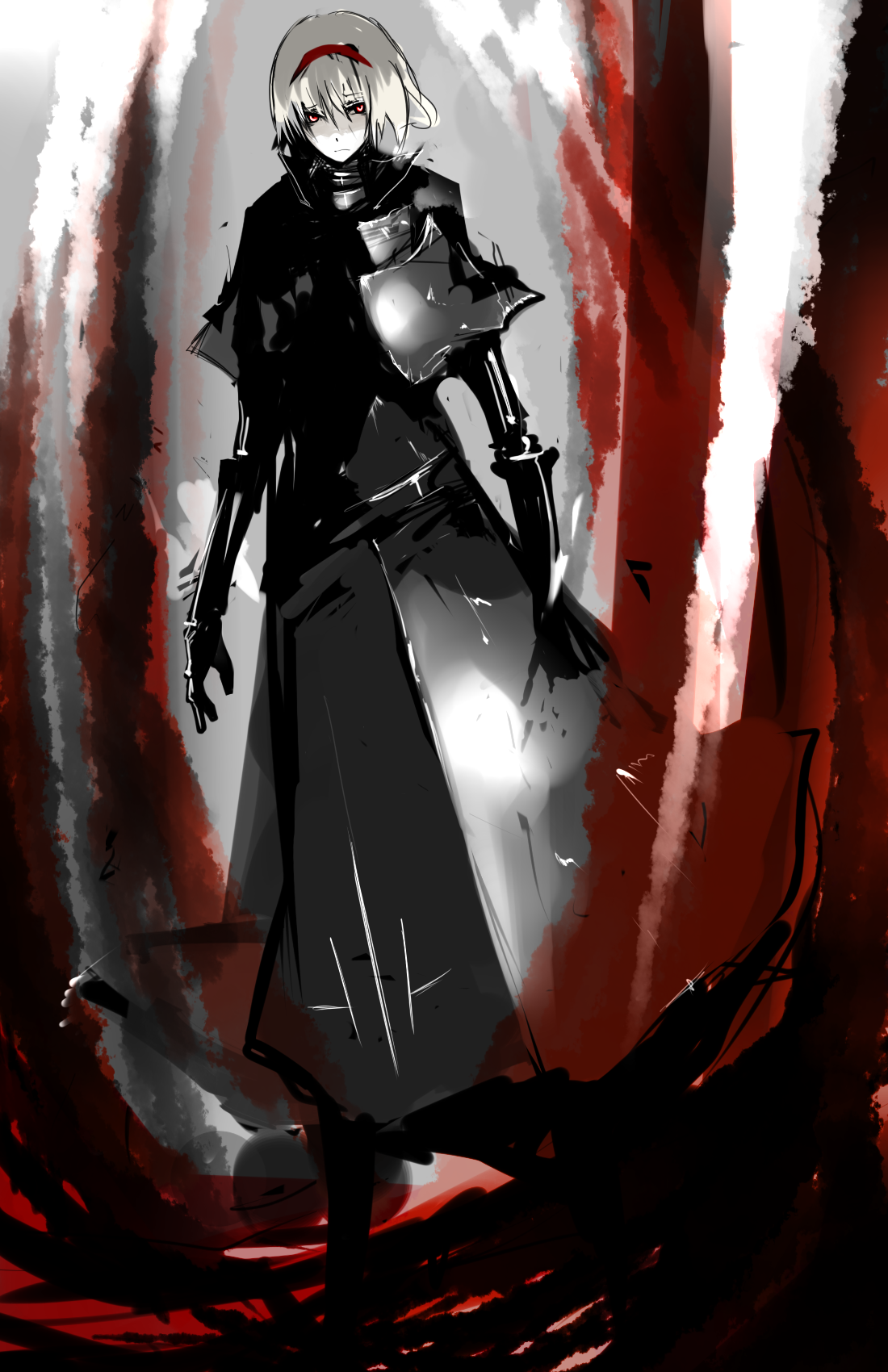 un-known (ninesix), alice margatroid, blame!, touhou, bad id, bad pixiv id, highres, 1girl, armor, armored dress, dress, female focus, hairband, headband, parody, red eyes, solo