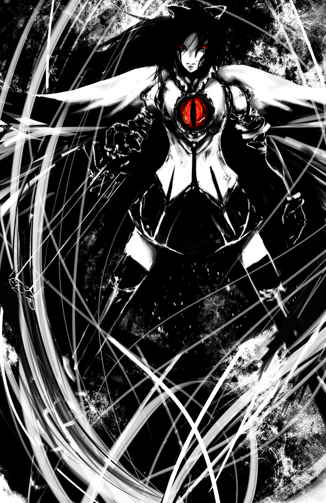 amanogawa, reiuji utsuho, sanakan, blame!, touhou, bad id, bad pixiv id, 1girl, female focus, greyscale, long hair, monochrome, parody, red eyes, ribbon, solo, spot color, wings