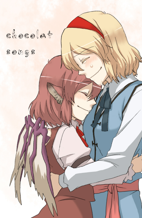 torinone, alice margatroid, mystia lorelei, touhou, 2girls, animal ears, blonde hair, blush, closed eyes, comforting, female focus, hairband, hug, multiple girls, pink hair, short hair, tears, wings