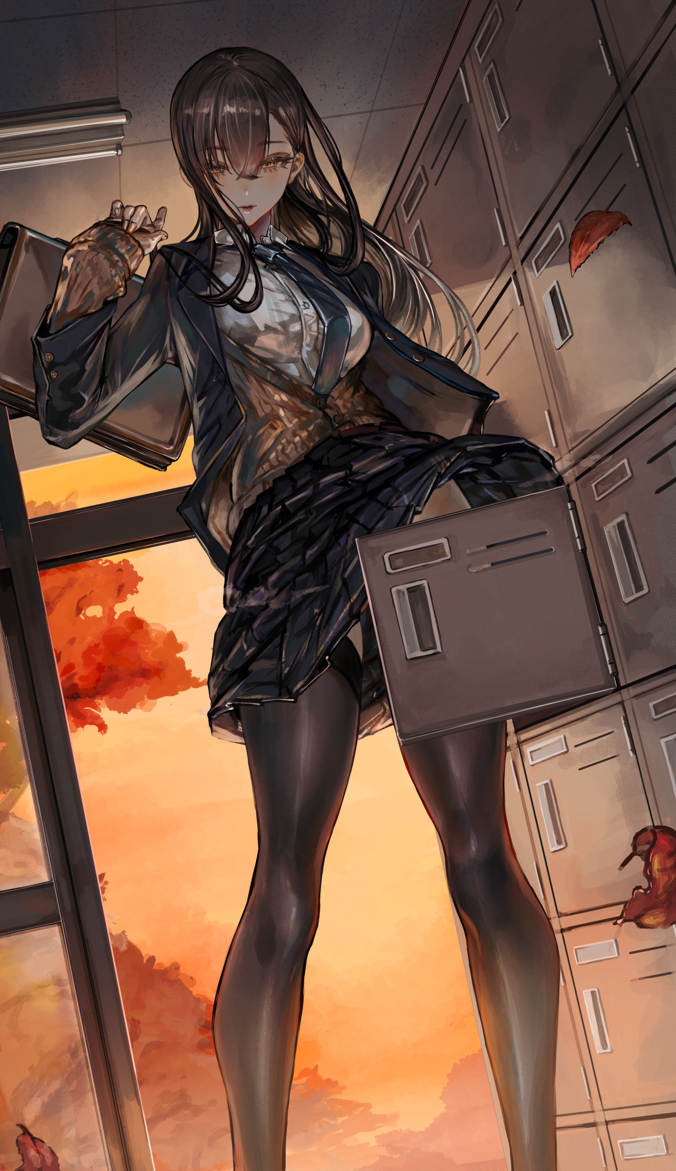 soleil (soleilmtfbwy03), original, absurdres, highres, 1girl, bag, black jacket, black thighhighs, blue necktie, blue skirt, bra visible through clothes, breasts, collared shirt, crossed bangs, eyelashes, eyeshadow, floating hair, from below, hair between eyes, holding, holding bag, indoors, jacket, large breasts, lips, locker, locker room, long hair, long sleeves, makeup, narrowed eyes, necktie, open clothes, open jacket, pleated skirt, school, school bag, school uniform, shirt, skirt, sleeves past wrists, solo, standing, straight hair, sweater, thighhighs, very long hair, white shirt, wind, winter uniform, yellow eyes