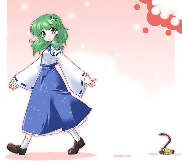 azuma ezu, shokushu anago, kochiya sanae, touhou, bad id, bad pixiv id, duplicate, 1girl, detached sleeves, female focus, frog, green hair, hair ornament, japanese clothes, miko, short hair, snake, solo, yellow eyes