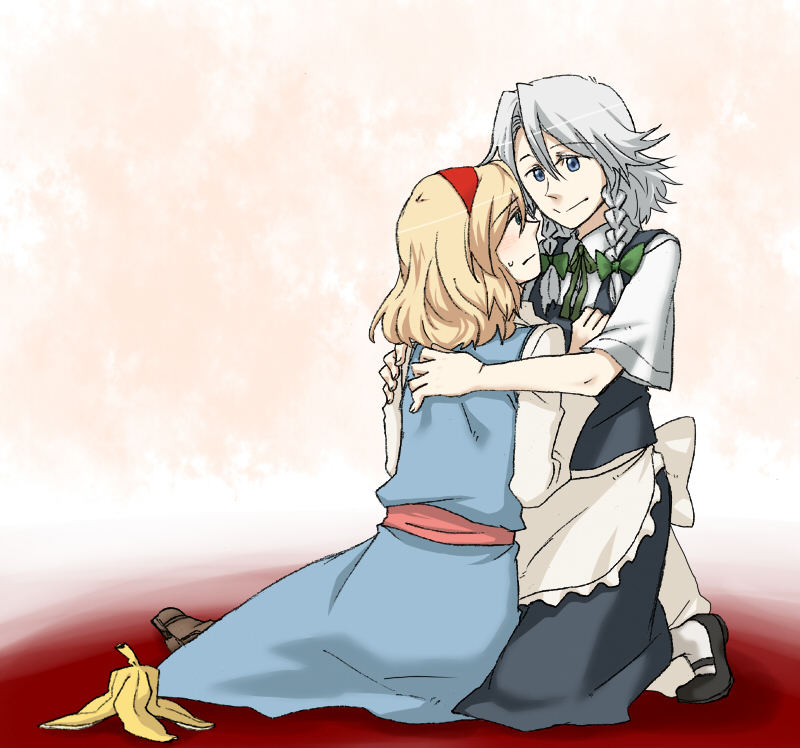 torinone, alice margatroid, izayoi sakuya, touhou, silver hair, 2girls, banana peel, blonde hair, blue eyes, blush, braid, fallen down, female focus, hairband, maid, multiple girls, short hair, twin braids