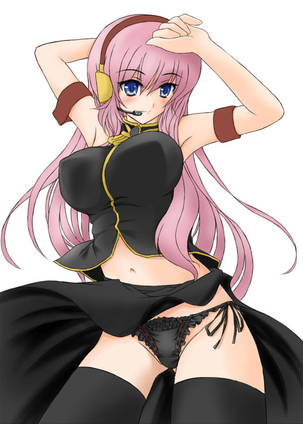 nekokotei, megurine luka, vocaloid, bad id, bad pixiv id, blue eyes, breasts, large breasts, long hair, midriff, navel, panties, pink hair, side-tie panties, solo, thighhighs, underwear