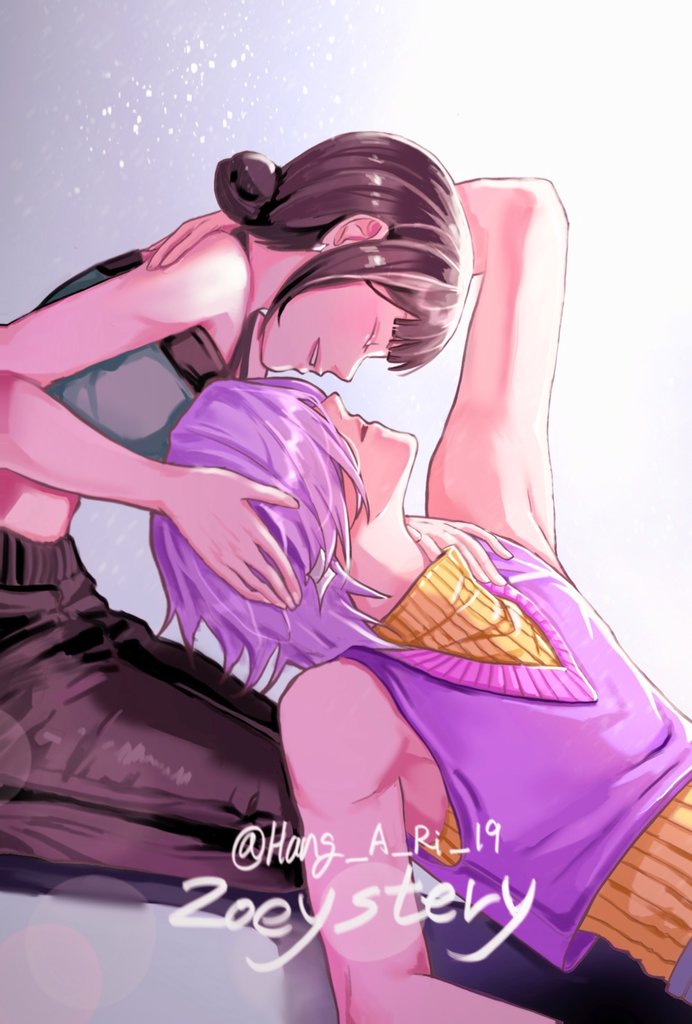 mystery (kpop demon hunters), zoey (kpop demon hunters), kpop demon hunters, 1boy, 1girl, black hair, black pants, closed eyes, crop top, double bun, earrings, hair bun, halterneck, hang a ri 19, jewelry, medium hair, pants, profile, purple hair, seiza, short bangs, sidelocks, sitting, sleeveless, smile, twitter username