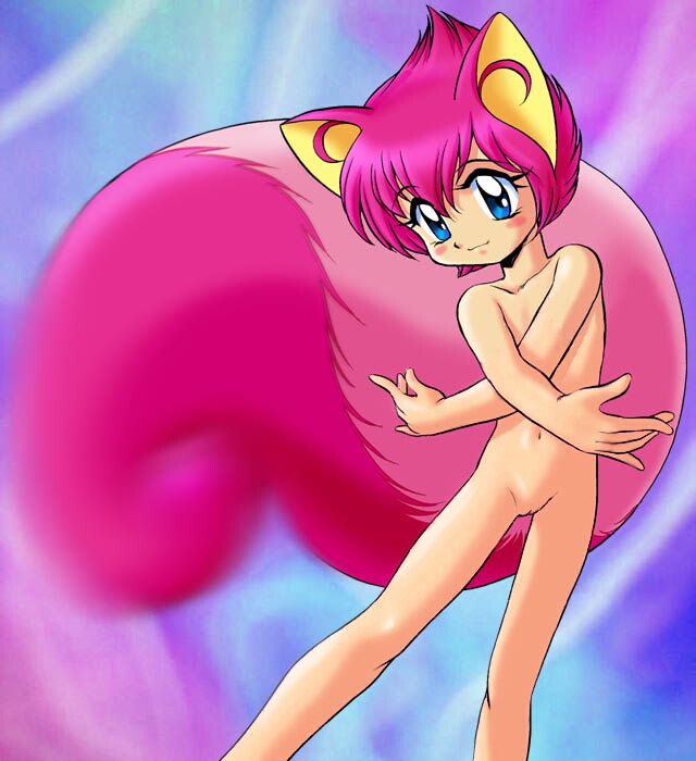 maron (yat anshin uchuu ryokou), yat anshin uchuu ryokou, artist request, 1girl, :3, animal ears, blue background, blue eyes, blush, collarbone, flat chest, loli, looking at viewer, navel, nude, pink hair, pussy, smile, standing, tail