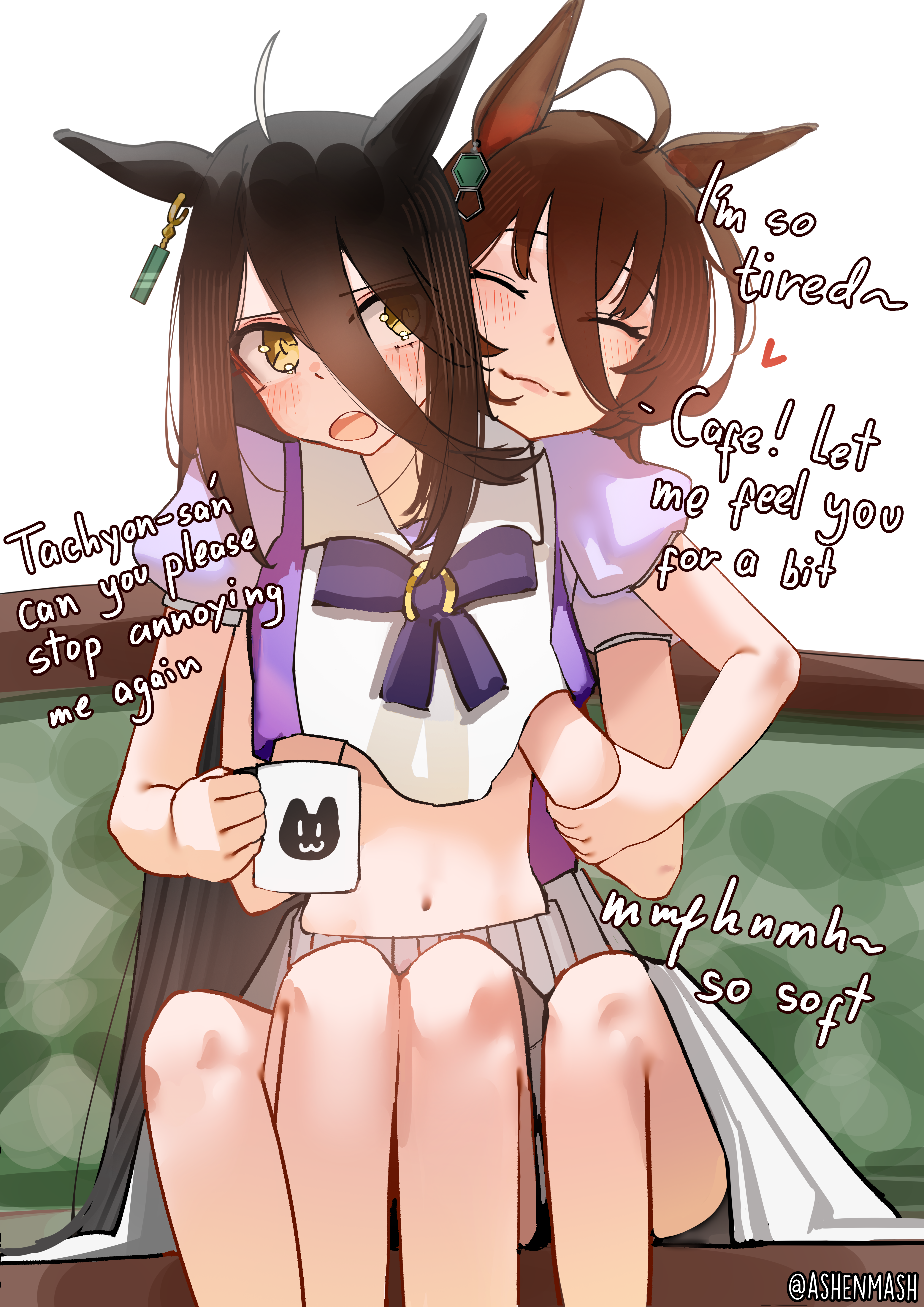 ashenmash, agnes tachyon (umamusume), manhattan cafe (umamusume), umamusume, absurdres, highres, 2girls, ahoge, animal ears, animal print, black hair, brown hair, cat print, chemical structure, closed eyes, closed mouth, cropped shirt, cup, ear ornament, ear tag, earrings, english text, flustered, grabbing another's arm, grabbing from behind, grey skirt, groping, hair between eyes, hand under clothes, hand under shirt, hands up, heart, holding, holding cup, horse ears, horse girl, horse tail, huge ahoge, jewelry, long bangs, long hair between eyes, looking at another, multicolored hair, multiple girls, navel, open mouth, puffy short sleeves, puffy sleeves, shirt, short sleeves, single earring, sitting, skirt, smile, tail, twitter username, white hair, yellow eyes, yuri