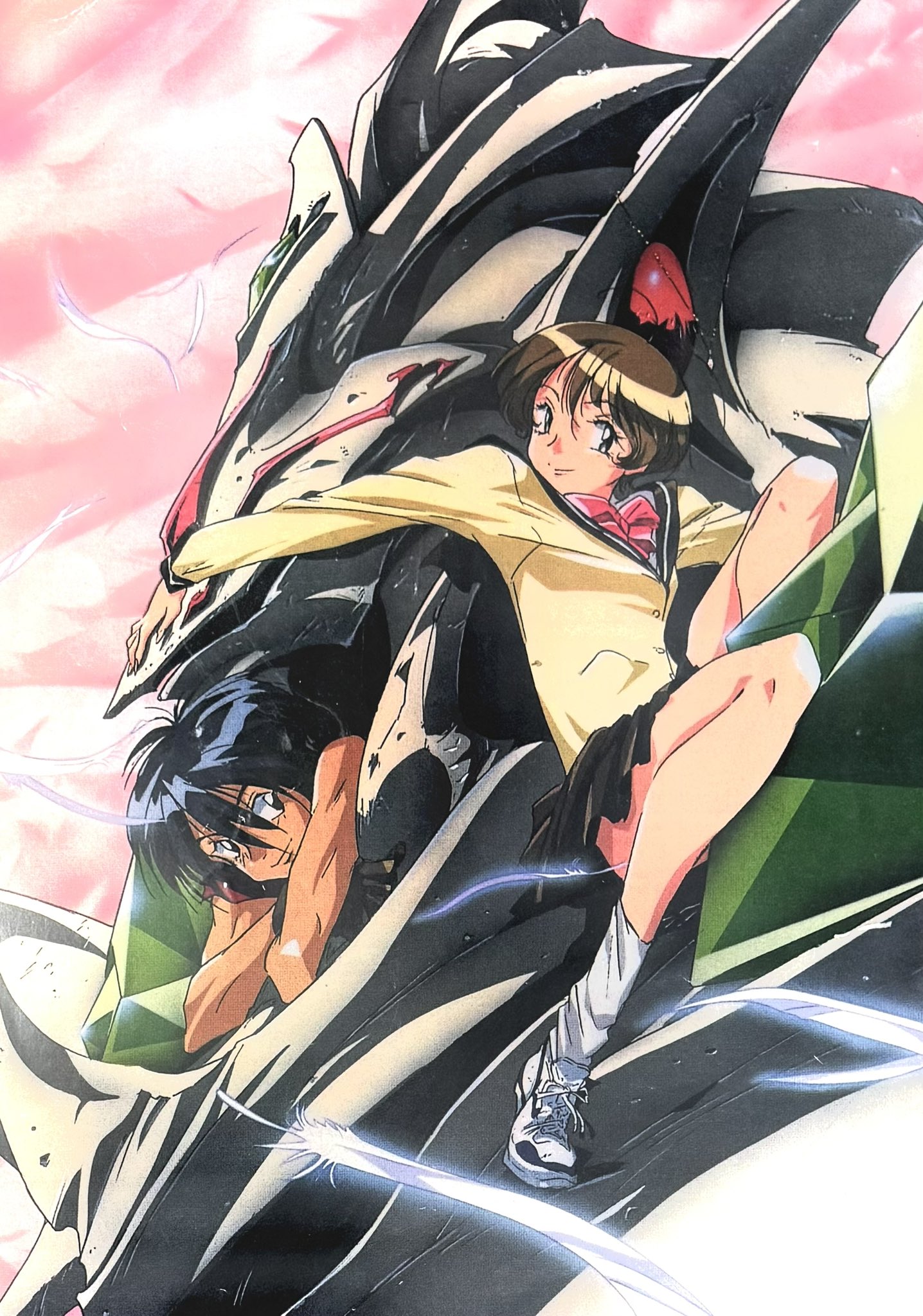 sano hirotoshi, escaflowne, kanzaki hitomi, van fanel, tenkuu no escaflowne, highres, official art, 1boy, 1girl, black gloves, black hair, bow, brown hair, closed mouth, feathers, full body, gloves, looking at viewer, mecha, miniskirt, pleated skirt, retro artstyle, robot, sailor collar, school uniform, serafuku, short hair, skirt, smile