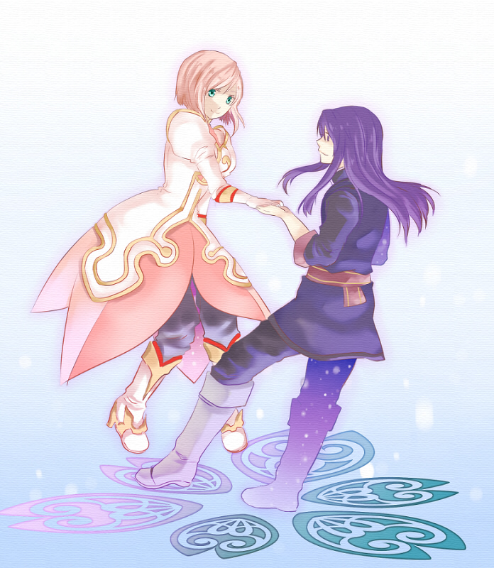 estellise sidos heurassein, yuri lowell, tales of (series), tales of vesperia, 00s, 1boy, 1girl, boots, dress, hetero, holding hands, knee boots, long hair, pink hair, short hair, smile