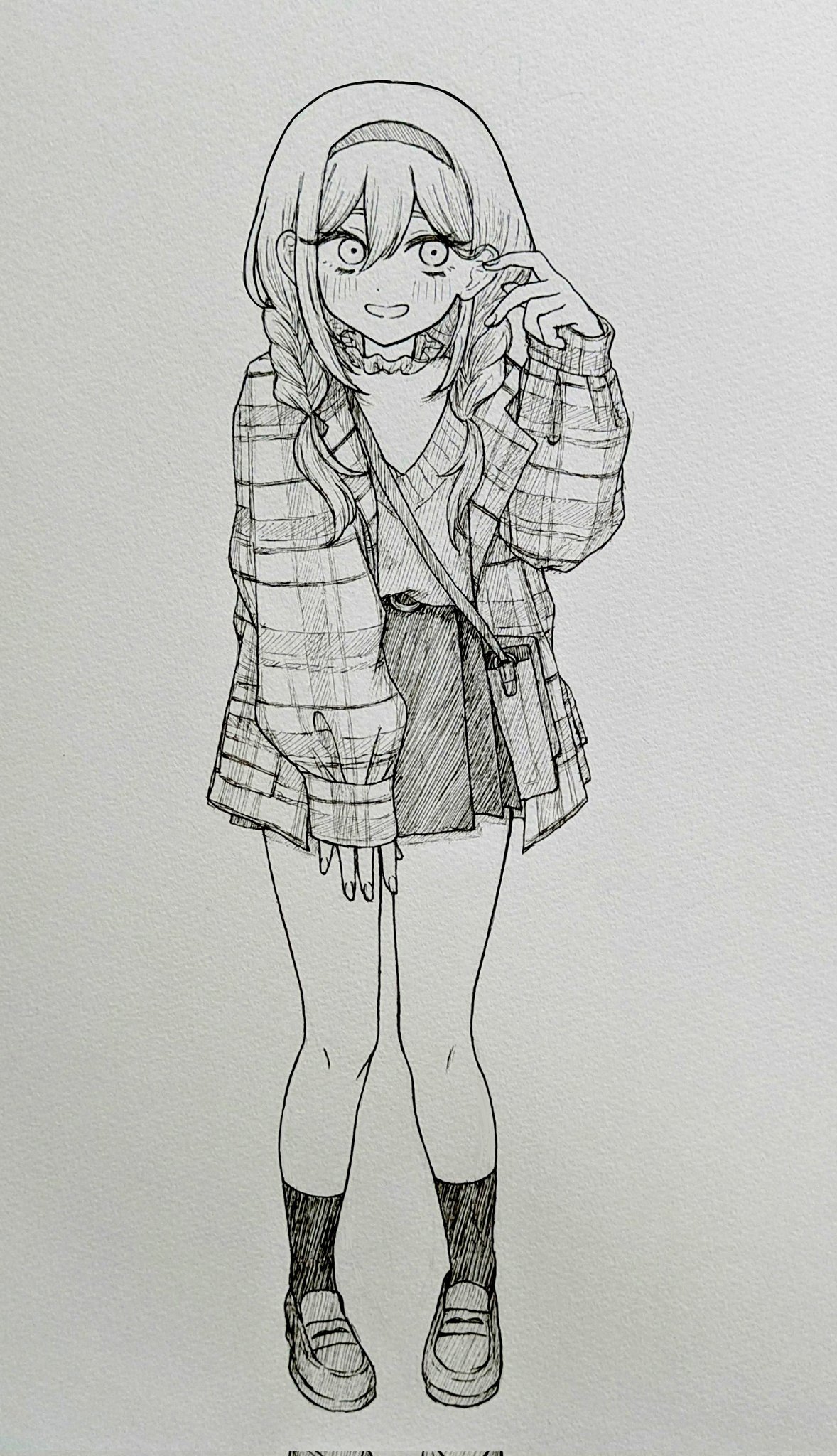 mimn (kdjgxrt1xt69701), aubrey (faraway) (omori), aubrey (omori), omori, corrupted twitter file, highres, traditional media, 1girl, alternate costume, alternate hairstyle, bag, blush, braid, collarbone, double-parted bangs, full body, greyscale, hair between eyes, hairband, handbag, loafers, long hair, long sleeves, low twin braids, monochrome, open mouth, shoes, skirt, smile, socks, solo, twin braids