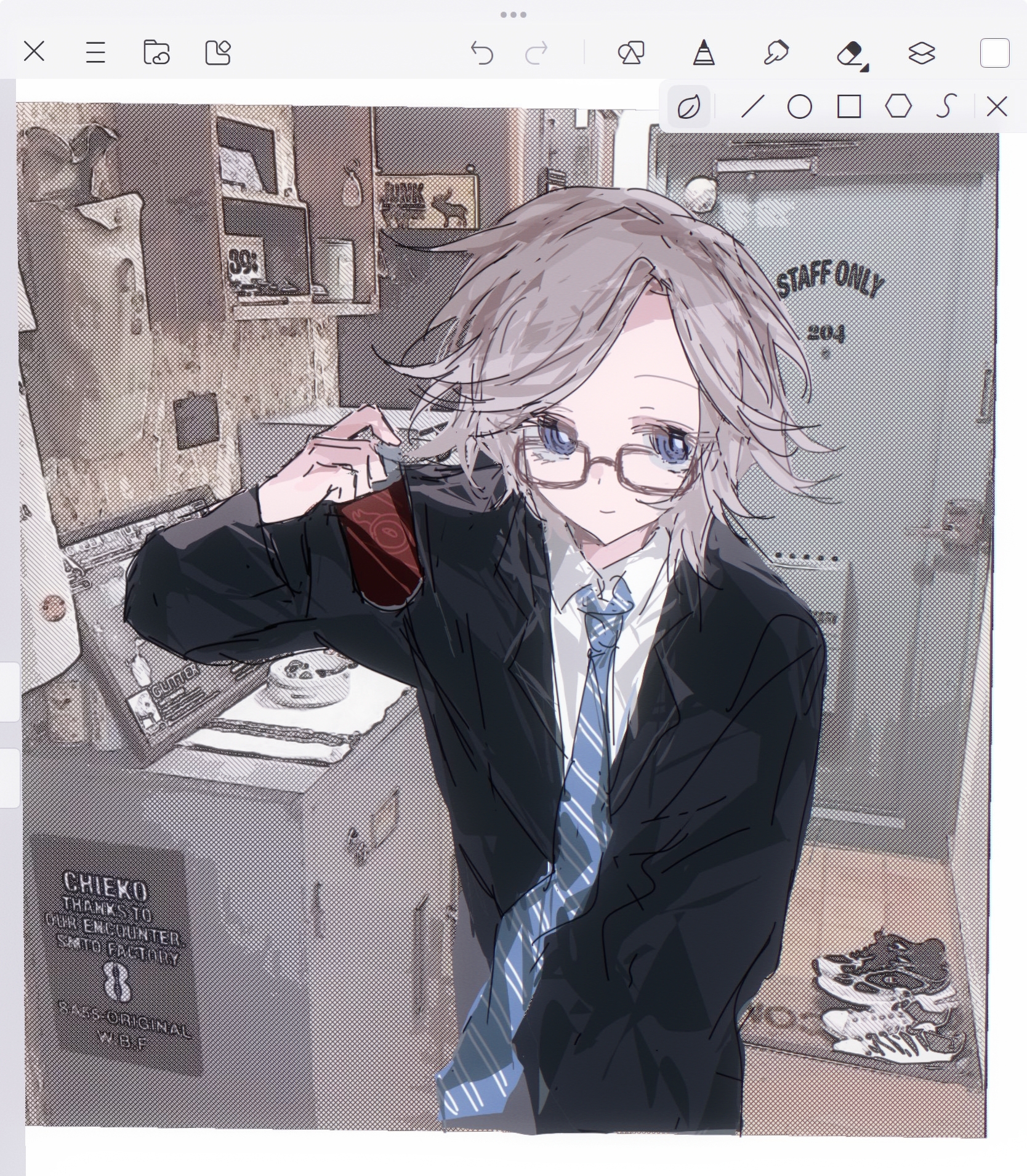 aotsuki eito, the hundred line -last defense academy-, chinese commentary, commentary request, highres, 1boy, alternate costume, art program in frame, black jacket, blue eyes, blue necktie, can, closed mouth, collared shirt, glasses, grey hair, holding, holding can, jacket, lapels, long sleeves, male focus, necktie, notched lapels, photo background, rectangular eyewear, shirt, short hair, smile, striped necktie, upper body, white shirt, xin rimu li