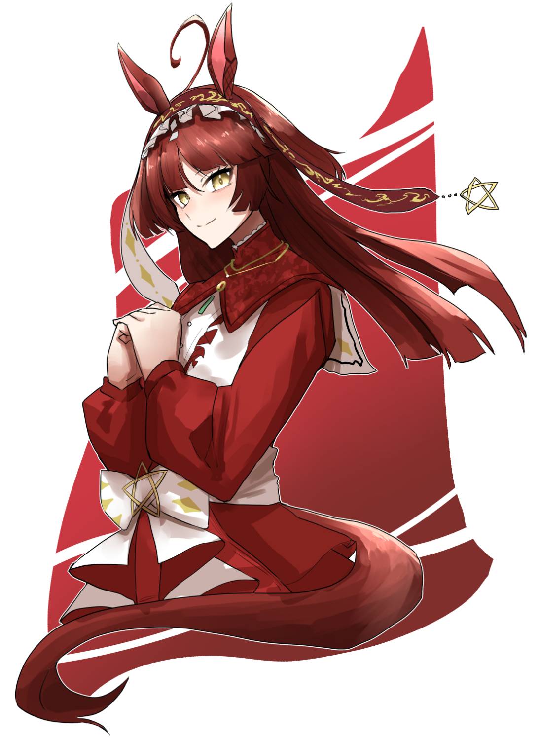 luna (gkluna mas), highres, 1girl, ahoge, animal ears, blunt bangs, blunt ends, bow, closed mouth, dress, hairband, hands up, horse ears, horse girl, horse tail, long hair, long sleeves, looking at viewer, own hands together, red desire (umamusume), red dress, red hair, red hairband, smile, solo, tail, white bow, yellow eyes