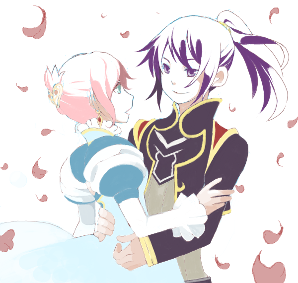 negi (loveyr), estellise sidos heurassein, yuri lowell, tales of (series), tales of vesperia, bad id, bad pixiv id, 00s, 1boy, 1girl, black hair, couple, dress, flower, hetero, official alternate costume, pink hair, ponytail