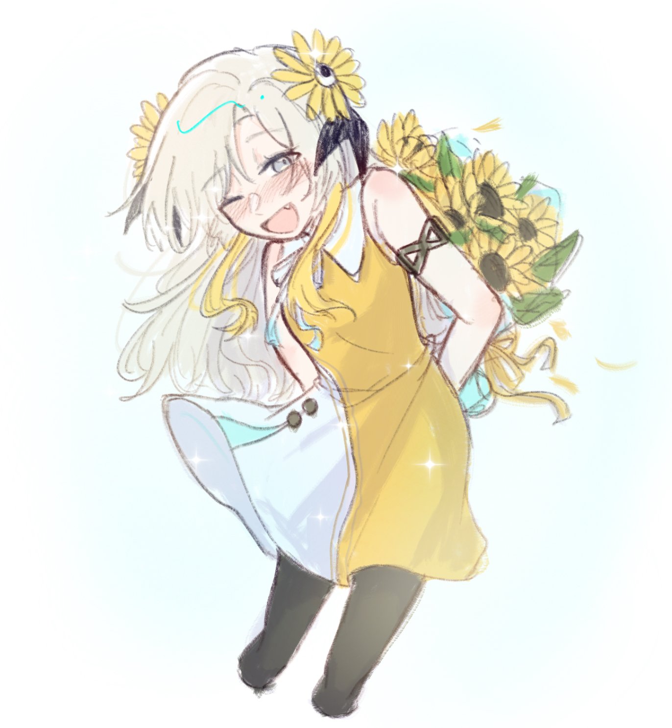 isekaijoucho, kamitsubaki studio, highres, 1girl, bare shoulders, black pantyhose, blonde hair, blush, bouquet, dress, fang, flower, grey eyes, grey hair, hair flower, hair ornament, holding, holding bouquet, looking at viewer, morishika 0722, multicolored hair, one eye closed, open mouth, pantyhose, smile, solo, sunflower, two-tone hair