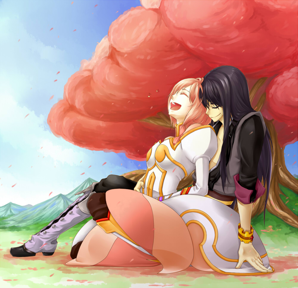 yuko (kurukis), estellise sidos heurassein, yuri lowell, tales of (series), tales of vesperia, grey footwear, 00s, 1boy, 1girl, black hair, boots, closed eyes, couple, dress, hetero, hug, hug from behind, knee boots, laughing, long hair, pink hair