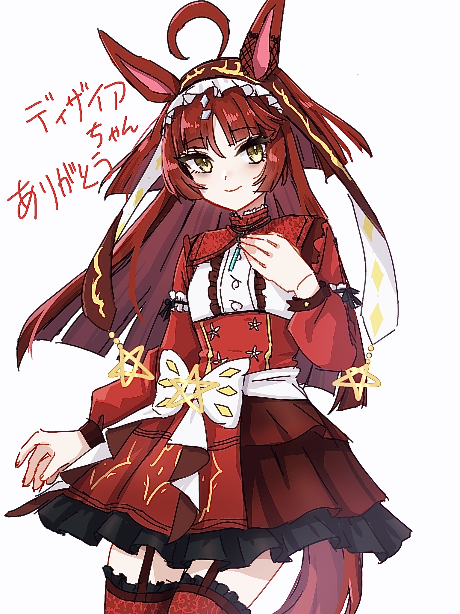 hide oo, highres, translation request, 1girl, ahoge, animal ears, black bulls (emblem), blunt ends, bow, capelet, closed mouth, dress, garter straps, hand on own chest, hand up, horse ears, horse girl, horse tail, layered dress, long hair, long sleeves, parted bangs, red capelet, red desire (umamusume), red dress, red eyes, red hair, red thighhighs, simple background, smile, solo, tail, thighhighs, very long hair, white background, white bow