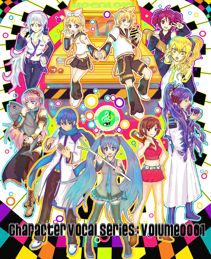 yuiko (eiko), yuiko (pixiv #503590), akita neru, hatsune miku, kagamine len, kagamine rin, kaito (vocaloid), kamui gakupo, kasane teto, kasane teto (utau), megurine luka, meiko (vocaloid), yowane haku, utau, vocaloid, silver hair, 3boys, 6+girls, alcohol, blonde hair, bottle, crossover, detached sleeves, drill hair, earphones, english text, everyone, family, food, green hair, hair ornament, hairclip, headband, headphones, long hair, multiple boys, multiple girls, pink hair, ponytail, popsicle, red eyes, red hair, shorts, spring onion, tuna, twintails, very long hair