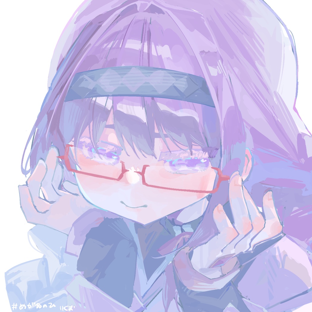moettimae, akemi homura, akemi homura (magical girl), mahou shoujo madoka magica, mahou shoujo madoka magica (anime), commentary, symbol-only commentary, 1girl, glasses, glasses day, hair intakes, hairband, hand on own cheek, hand on own face, hands up, long hair, long sleeves, looking down, neck ribbon, portrait, purple eyes, purple hair, red-framed eyewear, ribbon, sleeves past wrists, solo