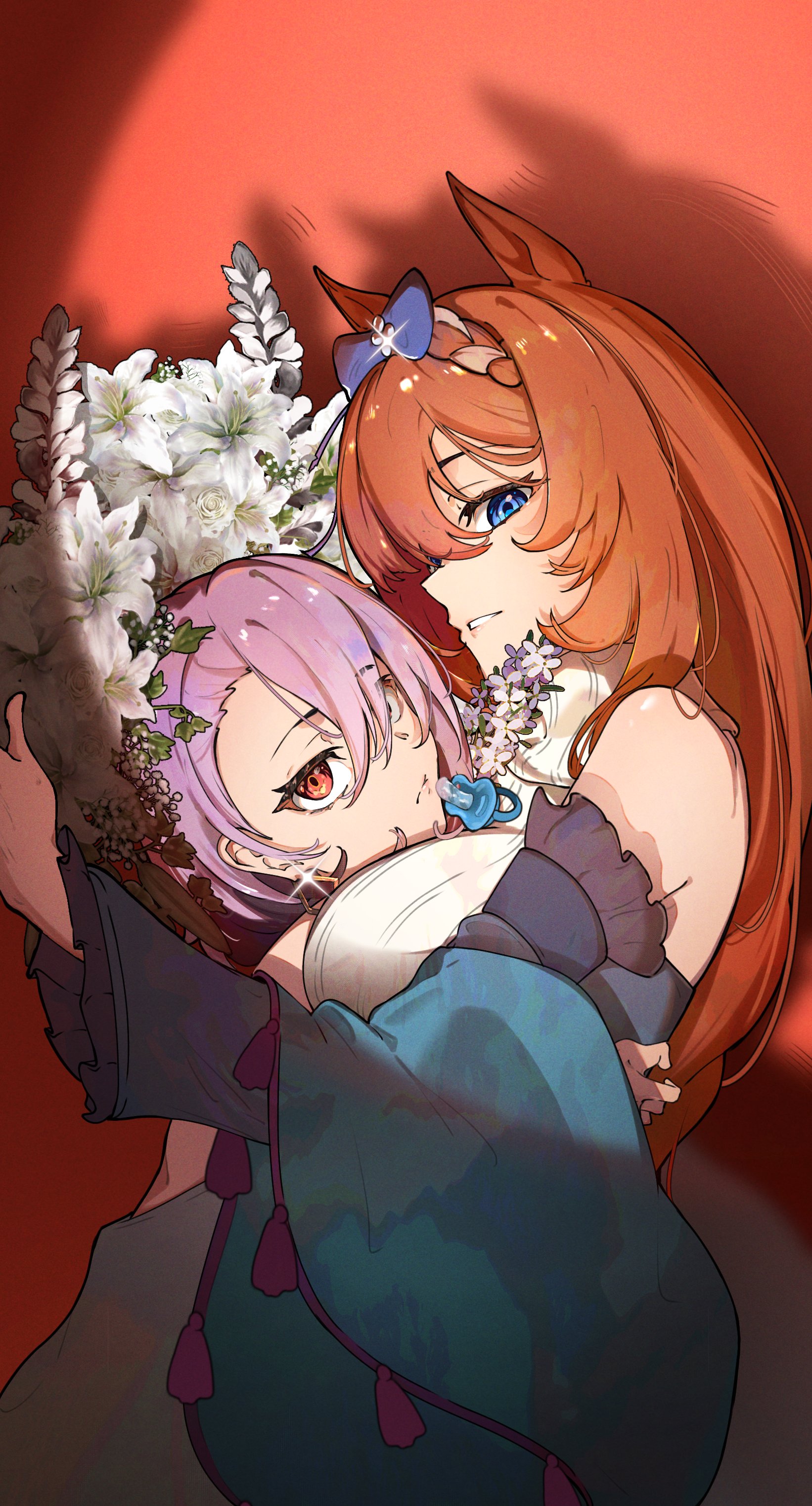 mouchu, nase fumino, super creek (murmuring stream) (umamusume), super creek (umamusume), umamusume, umamusume: cinderella gray, absurdres, highres, 2girls, animal ears, bare shoulders, blue eyes, blue jacket, bow, braid, breasts, brown hair, closed mouth, detached sleeves, dress, ear bow, flower, grin, hair between eyes, horse ears, horse girl, hug, jacket, large breasts, long hair, long sleeves, multicolored hair, multiple girls, open mouth, parted lips, purple hair, red eyes, short hair, smile, streaked hair, sweater, very long hair, white hair, white sweater