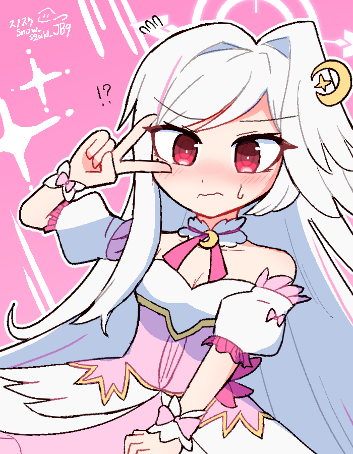 snosqu, suzumi (blue archive), suzumi (magical) (blue archive), blue archive, commentary request, 1girl, blush, breasts, bustier, cleavage, crescent, crescent hair ornament, deformed, detached collar, detached sleeves, dress, flying sweatdrops, furrowed brow, hair ornament, halo, head wings, long hair, nervous, pink background, pink dress, red eyes, single hair intake, single head wing, solo, sparkle, sweatdrop, swept bangs, underbust, v, v over eye, very long hair, wavy mouth, white hair, wings, wrist cuffs