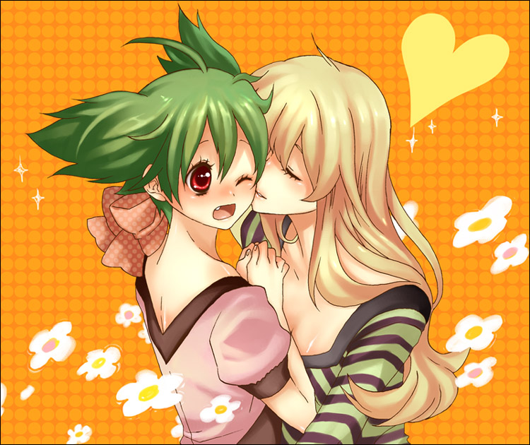 meko (pixiv), mekonu (mknn), ranka lee, sheryl nome, macross, macross frontier, 00s, 2girls, blonde hair, blush, green hair, kiss, multiple girls, red eyes, ribbon, yuri