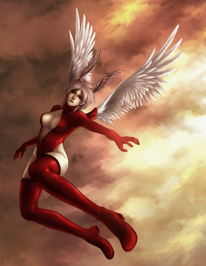 pavlova, ultima (fft), final fantasy, final fantasy tactics, silver hair, md5 mismatch, 1girl, angel wings, bodysuit, boots, breasts, center opening, cleavage, cleavage cutout, clothing cutout, cloud, cloudy sky, female focus, flying, from side, full body, gloves, head tilt, head wings, high heel boots, high heels, highleg, highleg leotard, large breasts, leotard, lips, looking at viewer, no bra, outdoors, pale skin, parted bangs, parted lips, red boots, red eyes, red leotard, red thighhighs, short hair, sky, solo, thigh boots, thighhighs, turtleneck, wings