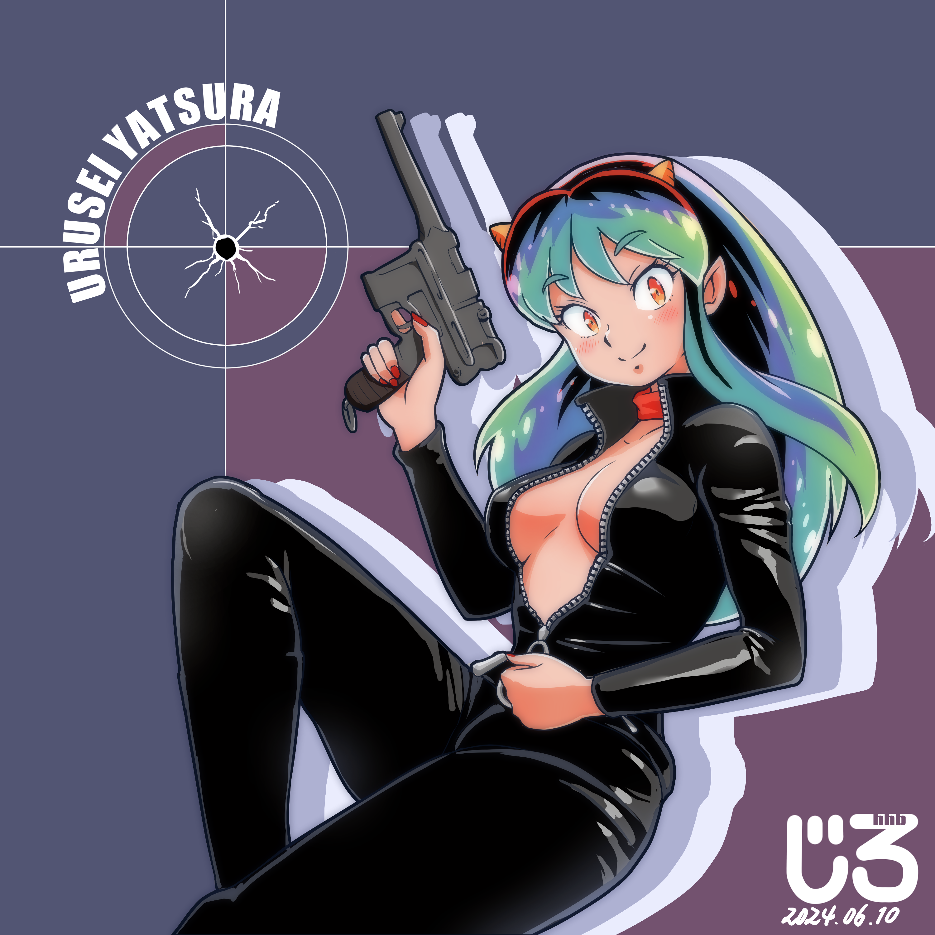 jirohhb, lum, urusei yatsura, absurdres, highres, 1girl, biker clothes, bikesuit, bodysuit, breasts, cleavage, green hair, gun, handgun, holding, holding gun, holding weapon, horns, looking at viewer, mauser c96, medium breasts, no bra, oni, smile, solo, unzipping, weapon, yellow eyes