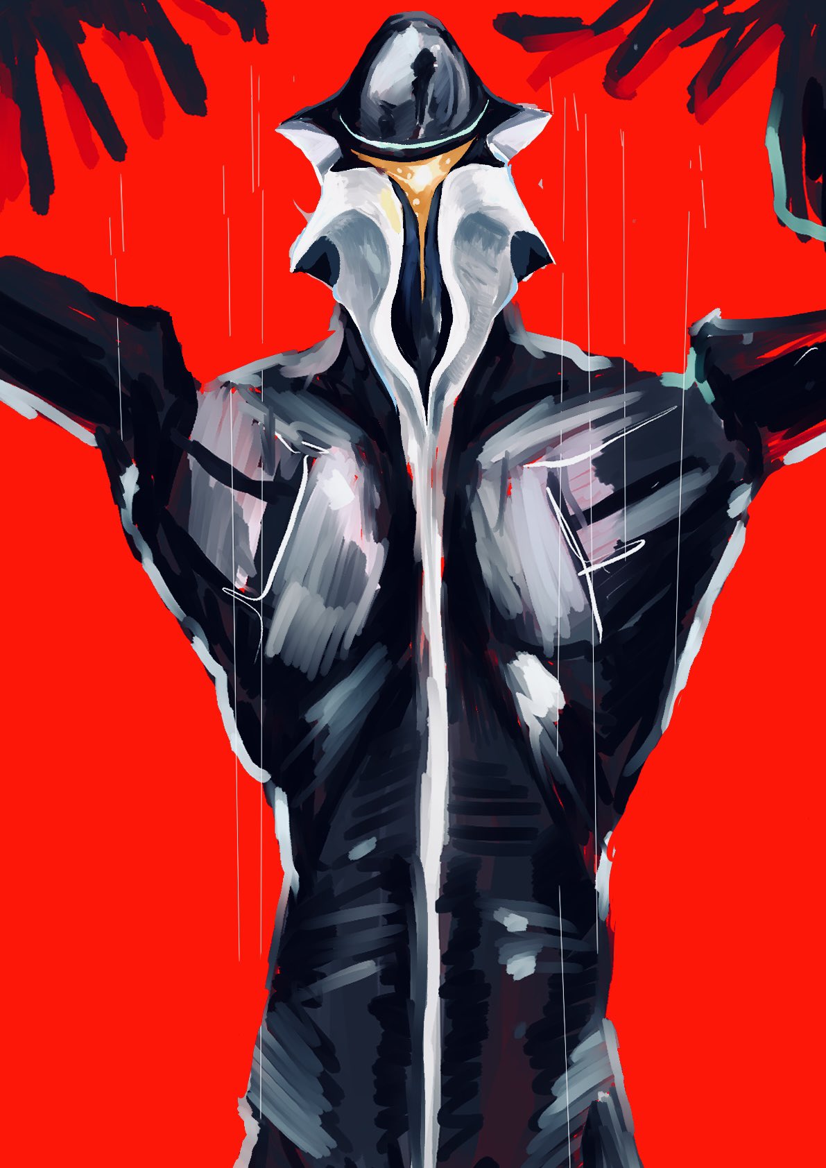xaaaci, mephilas seijin, shin ultraman, tokusatsu, ultra series, highres, 1boy, alien, black skin, blue eyes, colored skin, kaiju, long fingers, looking at viewer, male focus, red background, science fiction, solo, tall male, villain pose
