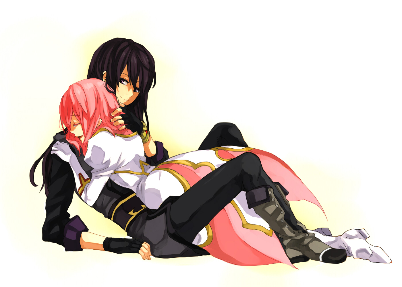 nanamura, estellise sidos heurassein, yuri lowell, tales of (series), tales of vesperia, grey footwear, hand on head, bad id, bad pixiv id, 00s, 1boy, 1girl, black eyes, black hair, blush, boots, bracelet, closed eyes, comforting, couple, gloves, hetero, holding, hug, jewelry, knee boots, long hair, pink hair, short hair, smile, tears