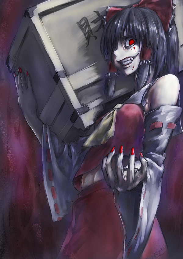 kath, hakurei reimu, onimiko, touhou, 1girl, blood, blood on face, box, crazy eyes, detached sleeves, donation box, evil grin, evil smile, fangs, female focus, grin, hair over one eye, nail polish, red eyes, red nails, smile, solo, teeth, you gonna get raped