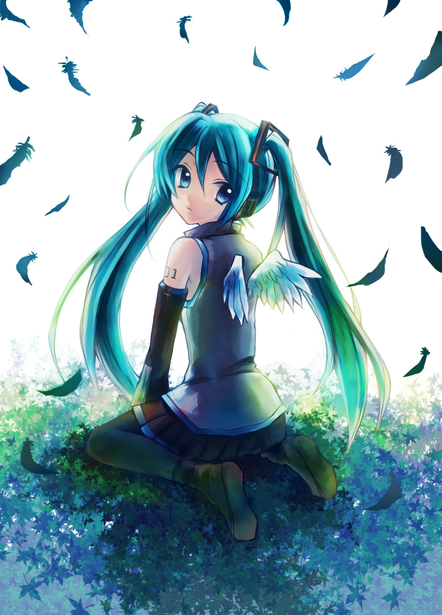 kisuzu, hatsune miku, vocaloid, bad id, bad pixiv id, highres, aqua hair, blue eyes, detached sleeves, feathers, long hair, looking back, skirt, solo, thighhighs, twintails, wings