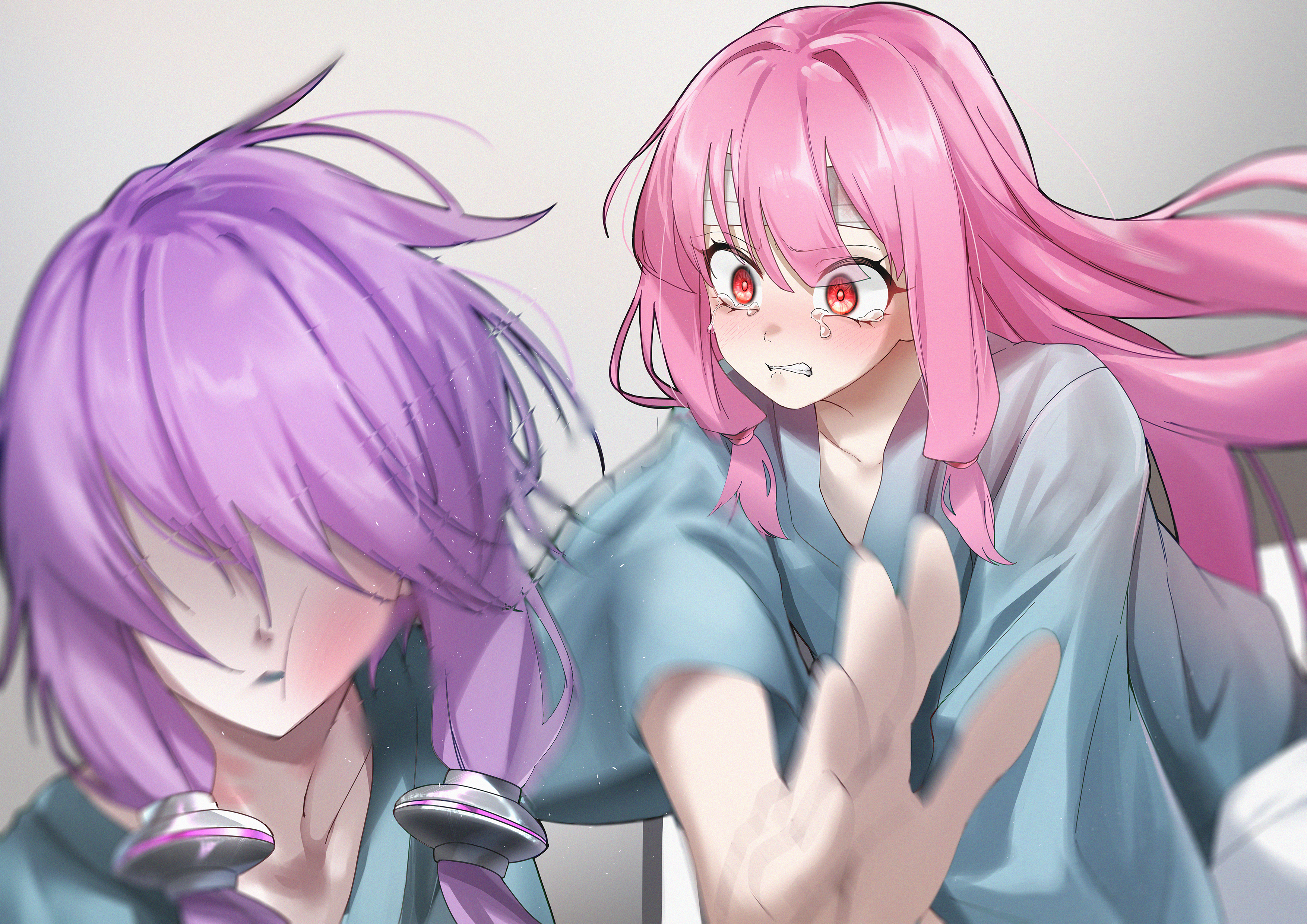 c.parfait, kotonoha akane, yuzuki yukari, voiceroid, absurdres, highres, tagme, 2girls, hospital gown, multiple girls, pink hair, purple hair, slap mark, slapping, tears